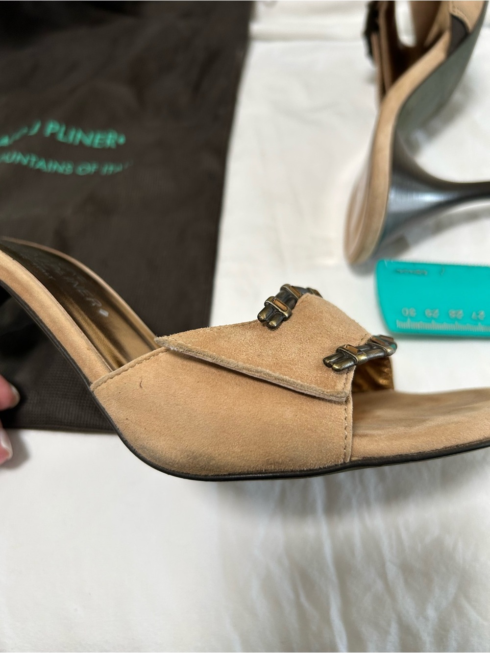 Donald J. Pliner Tan Suede Slide Heels with Gold Insoles - Picture 8 of 10